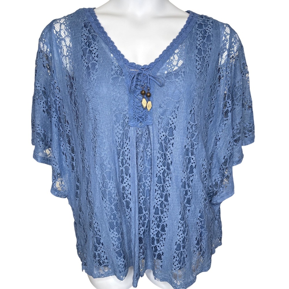 Catherines Womens Blue Lace Poncho Blouse Sz 1XWP Lace-Up Beaded Boho Romantic